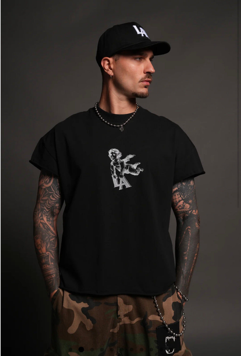 La Cherub Grunge Mid Lengt Raw Hem Cap Sleeve Tee